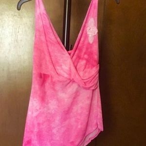 Boho Sheer Layered Tie Dye Sleeveless V-Neck Plunge Wrap Ruched Blouse S/M
